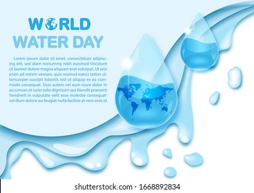 World water day wording with example texts and world map in water droplet glass style on water pattern and white background.