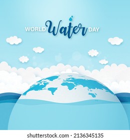 World water day.Earth in water.Paper art of save water for ecology and environment conservation concept design.Vector illustration.