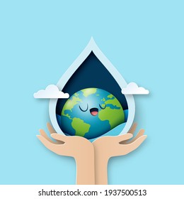 Día mundial del agua.Mano sosteniendo la tierra en gota de agua.Papel artístico del agua para el diseño del concepto de ecología y conservación del medio ambiente.Ilustración vectorial.