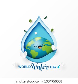 World water day.Paper art of save water for ecology and environment conservation concept design.Vector illustration.