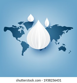 World water day.Water drop on world map.Paper art of save water for ecology and environment conservation concept design.Vector illustration.