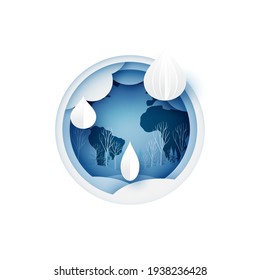 World water day.Water drop.Paper art of save water for ecology and environment conservation concept design.Vector illustration.