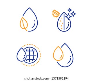 World water, Dirty water and Leaf dew icons simple set. Oil drop sign. Aqua drop, Serum. Nature set. Linear world water icon. Colorful design set. Vector