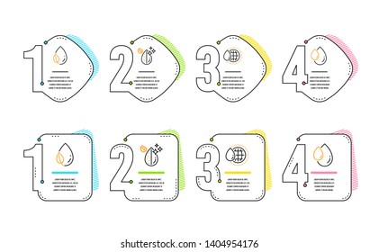 World water, Dirty water and Leaf dew icons simple set. Oil drop sign. Aqua drop, Serum. Nature set. Infographic timeline. Line world water icon. 4 options or steps. Vector