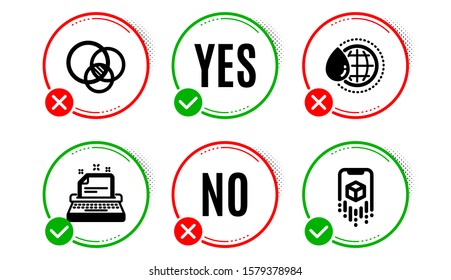 World Water, Euler Diagram And Typewriter Icons Simple Set. Yes No Check Box. Augmented Reality Sign. Aqua Drop, Relationships Chart, Instruction. Phone Simulation. Business Set. Vector