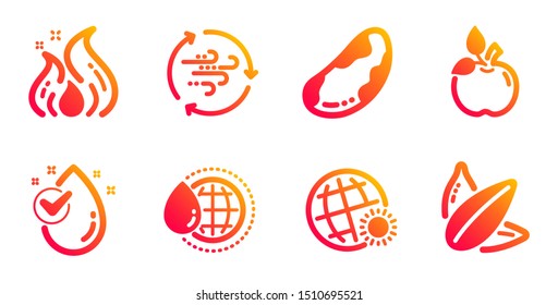 World water, Fire energy and Wind energy line icons set. Eco food, Brazil nut and World weather signs. Water drop, Sunflower seed symbols. Aqua drop, Flame. Nature set. Vector