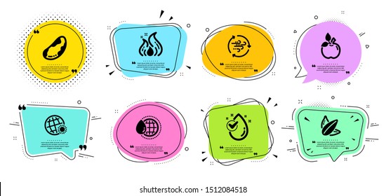 World water, Fire energy and Wind energy line icons set. Chat bubbles with quotes. Eco food, Brazil nut and World weather signs. Water drop, Sunflower seed symbols. Aqua drop, Flame. Vector