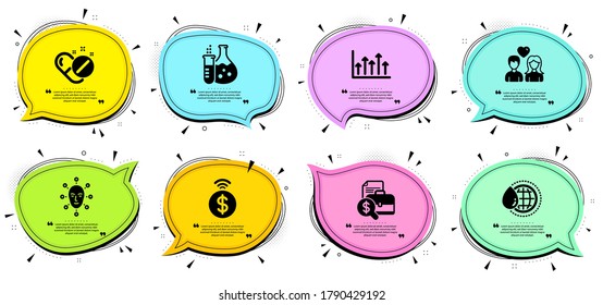 World water, Medical pills and Growth chart signs. Chat bubbles with quotes. Face biometrics, Couple love and Accounting report line icons set. Contactless payment, Chemistry flask symbols. Vector