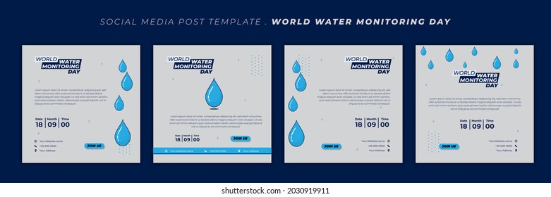 World water monitoring day design with water drops vector illustration. Set of social media template with blue and white design. Good template for web banner design.