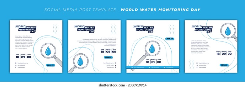 World water monitoring day design with magnifier vector illustration. Set of social media template with blue and white design. Good template for web banner design.