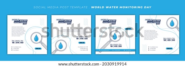 World water monitoring day design\
with magnifier vector illustration. Set of social media template\
with blue and white design. Good template for web banner\
design.