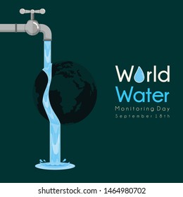 World water monitoring day vector design with drop water from faucet to the earth / world, "World" text with water design