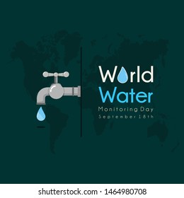 World water monitoring day vector design with drop water from faucet and green world map background