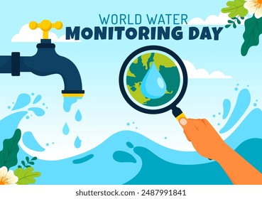 World Water Monitoring Day Vector Illustration on September 18 with Water Droplets and Earth in a Flat Style Cartoon Background