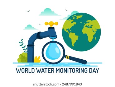 World Water Monitoring Day Vector Illustration on September 18 with Water Droplets and Earth in a Flat Style Cartoon Background