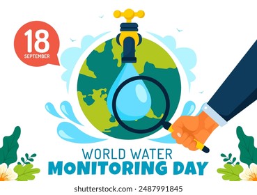 World Water Monitoring Day Vector Illustration on September 18 with Water Droplets and Earth in a Flat Style Cartoon Background