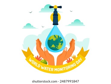 World Water Monitoring Day Vector Illustration on September 18 with Water Droplets and Earth in a Flat Style Cartoon Background