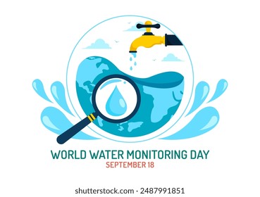 World Water Monitoring Day Vector Illustration on September 18 with Water Droplets and Earth in a Flat Style Cartoon Background