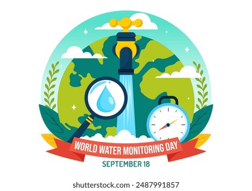 World Water Monitoring Day Vector Illustration on September 18 with Water Droplets and Earth in a Flat Style Cartoon Background
