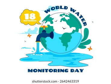World Water Monitoring Day Vector Illustration with Droplets and Planet Earth for Awareness and Protection of Water Resources in a Background