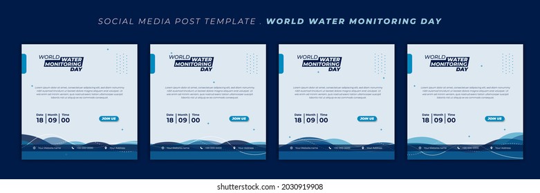 Día mundial de monitoreo del agua con diseño de fondo de agua. Conjunto de plantillas de medios sociales con diseño en blanco y azul. Buena plantilla para el diseño de banners web.