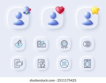 World water, Washing machine and Megaphone box line icons. Placeholder with 3d bell, star, heart. Pack of Phone pay, Love award, Qr code icon. Coffee maker, Card pictogram. Vector