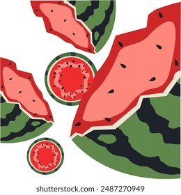 Illustration zum Weltwassermelonentag. Scheiben Wassermelone. Hälften einer saftigen Wassermelone mit Samen und einer flachen Figur, die auf einem aufblasbaren Kreis in einer Wassermelone schwebt