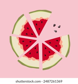 World watermelon day. National watermelon day poster. Slices of juicy watermelon with black seeds on a pink background. Vector flat watermelon illustration. Summer fruits