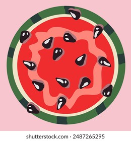 World watermelon day. National watermelon day poster. Half of a juicy watermelon with black seeds on a pink background. Summer fruit vector