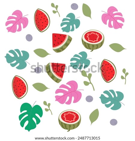 World watermelon day. Summer fruit and plants background. Juicy fresh green open watermelon half, slices and triangles. 