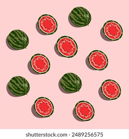 World watermelon day. Summer juicy fruit. Wallpaper with a ripe summer watermelon on a soft pink background. Watermelon whole and cut in half vector illustration 