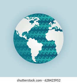 World with waves inside abstract icon symbols illustration