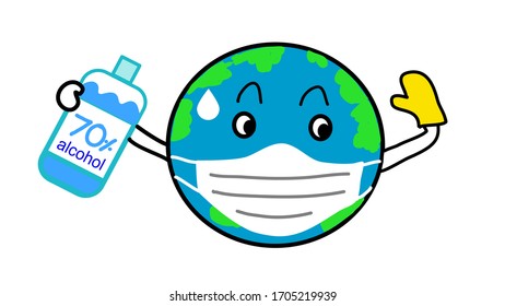 world wearing face mask and holding alcohol gel bottle