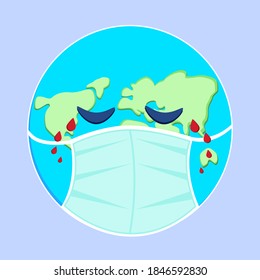 The world wearing mask and crying, weeping blood. Flat design illustration.