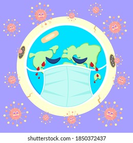 The world wearing mask and crying, weeping blood, from pandemic virus. Second wave concept. Flat design illustration vector.