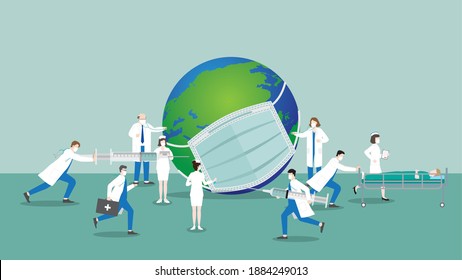 The World Wearing Surgical Mask With Sick. Medical Staff Doctors And Nurses Work Hard To Fight The Epidemic. Concept Of Prevention, Research, Immunization, Inject Vaccine Syringe, Protection Patient.