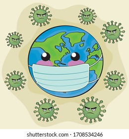 Die Welt trägt eine Schutzmaske zum Schutz der covid19 Cartoon Vector Illustration Hand 
