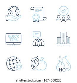 World weather, Buildings and Support service line icons set. Diploma certificate, save planet, group of people. Web tutorials, Hot sale and Apple signs. Sunny, City architecture, Human talking. Vector