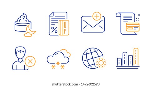 World weather, Credit card and New mail line icons set. Remove account, Snow weather and Night cream signs. Payment card, Graph chart symbols. Sunny, Loan percent. Business set. Vector