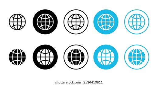Conjunto de ícones da Web mundial. Globos com símbolo de mapas de mundo. Ícones de linhas de traçado de rede globo da internet preto e branco isolados no fundo branco.