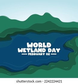 World Wetland Day. February 02. Vector illustration of a lake in a flat design. Poster, banner, card, background. Eps 10.