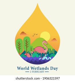 World Wetlands Day, 2nd February, poster with landscape and swan illustration, vector graphic