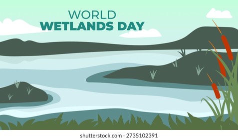 World Wetlands Day. Background design, illustration of swamp ecosystem, land, water, grass