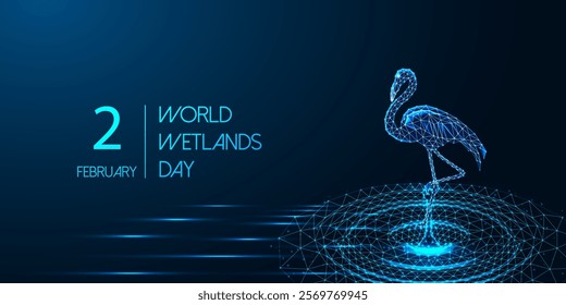 World Wetlands Day concept with glowing flamingo standing in water on dark blue background. Conservation, biodiversity, ecosystem protection. Environmental awareness web banner. Vector illustration.