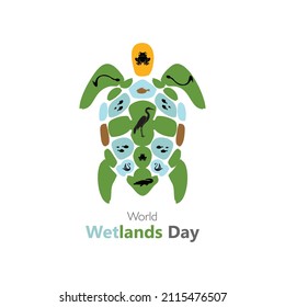 World Wetlands Day concept of green tortoise showing various species of birds, animals, reptiles and fishes living in wetlands. Vector, illustration.