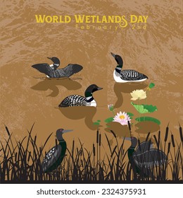 World Wetlands Day. The date of the event is 2 February. Vector illustration. loon bird