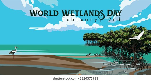 World Wetlands Day. The date of the event is 2 February. Vector illustration. Mangrove habitat