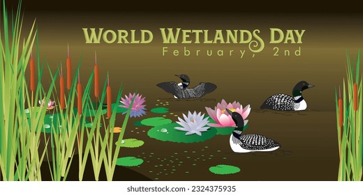 World Wetlands Day. The date of the event is 2 February. Vector illustration. loon bird 