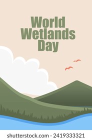 World Wetlands Day. Flat design illustration of earth, green plants and clouds