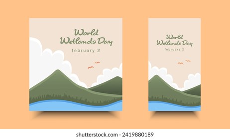 World Wetlands Day. Flat design illustration of earth, green plants and clouds